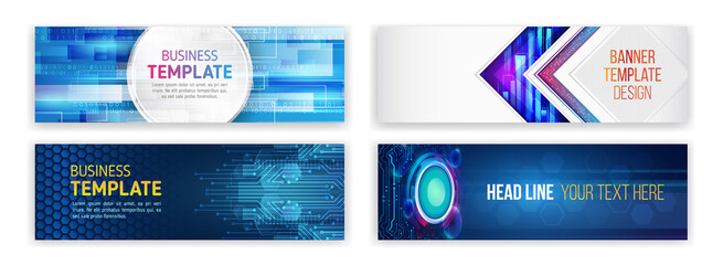 Set of modern banner templates for websites. Abstract social media cover design. Horizontal header web background. High tech design with technological elements. Science and digital technology concept