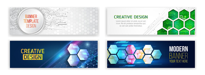 Set of modern banner templates for websites. Abstract social media cover design. Horizontal header web background. High tech design with technological elements. Science and digital technology concept
