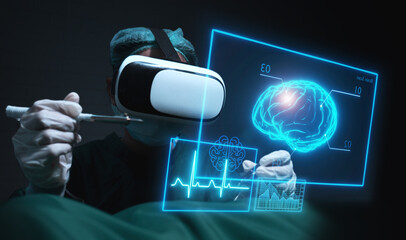 Doctor surgeon operating on ill patient brain using tools and computer holographic user interface UI simulation technology concept, futuristic innovation tech medical healthcare operation room