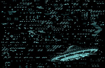 Leinwandbilder - Monitor screen glitch error distortion with UFO or alien flying saucer on abstract background of blue neon digital pixel noise. Vector TV static screen and broken VHS video effect, space technologies