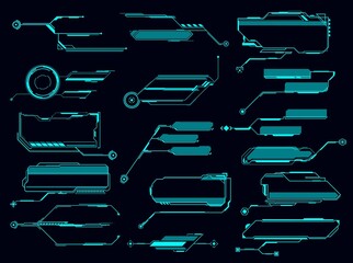 Leinwandbilder - HUD callout title, information call bar and digital info text box vector templates. Modern technology futuristic info box banners with neon frames and data textboxes, interface elements