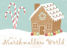 A textured gingerbread house and candy cane tree in a cut paper style. Text on separate layer.
