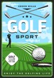 Golf course with golfer and clubs retro poster. Vector golf sport player hitting ball with wedge or driver, green grass play field and hole, sporting competition and championship tournament invitation