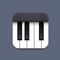 Aufkleber - Piano music app interface 3d icon, vector keyboard of piano or synthesizer with white and black note keys. Mobile or web application ui, gui design, isolated square button of software widget