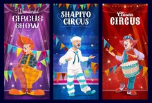 Shapito Circus Sailor Clown, Jester And Harlequin Cartoon Characters. Carnival Show Vector Banners With Comic Entertainers On Stage With Noses, Wigs, Funny Shoes And Drum, Amusement Park And Funfair