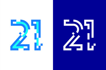 Wall Mural - Number 21 digital logo. Numbers design with technology concept. Line logo and pixel
