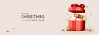 © lauritta - Christmas open gift box realistic 3d design, with surprise inside. Gold glitter confetti. Happy New Year and Xmas background. Present boxes for birthday. Holiday banner, web poster, header for website