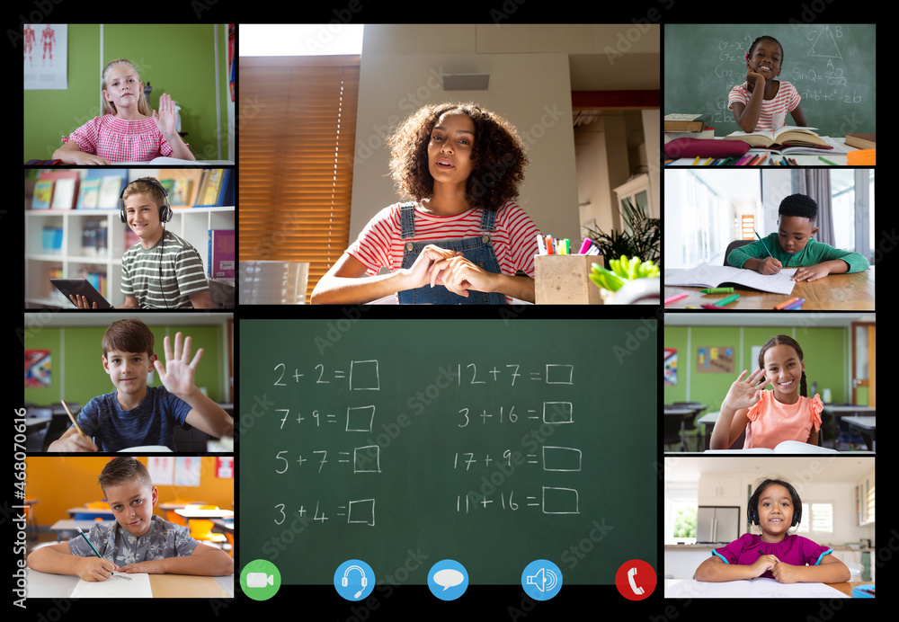 Stock-Foto „Video call interface with diverse female teacher and ...