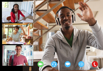 Canvas Print - Video call interface with african american male teacher and schoolchildren on screen