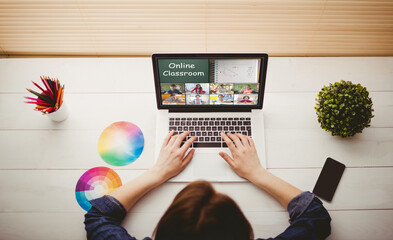 Poster - Caucasian woman using laptop for video call, with smiling diverse elementary school pupils on screen