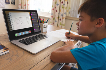 Poster - Caucasian boy using laptop for video call, with class on screen