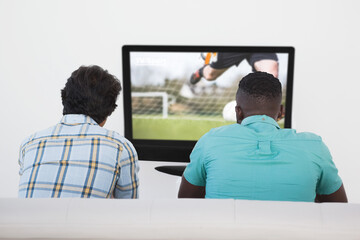 Canvas Print - Rear view of two friends sitting at home together watching football match on tv