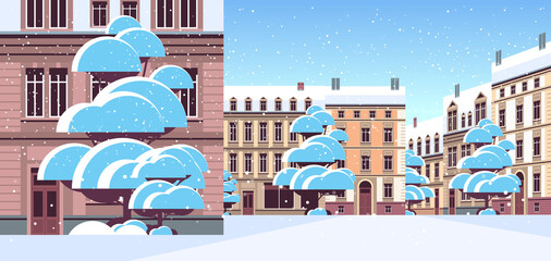 Wall Mural - winter city street with modern houses exterior urban buildings facade horizontal cityscape background