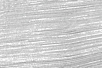 Grunge texture of striped thin uneven lines. Monochrome background of the end of a book or a stack of paper, with intermittent curved lines. Overlay template. Vector illustration