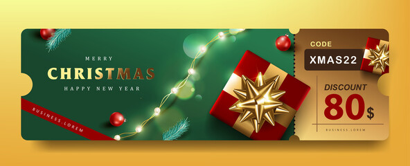 Wall Mural - merry christmas gift promotion coupon banner with festive decoration for christmas