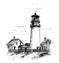 Vintage Lighthouse Scene Ink Etching