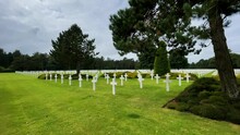 Row Of US Military Graves With White Cross. American War Cemetery D-Day Soldiers Normandy, Colleville Sur Mer, Manche In France, VERDUN. Wide.