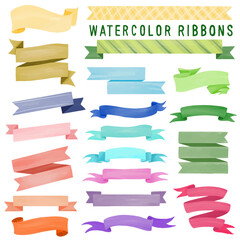 set of watercolor painted ribbon, ribbon banner, tag clipart. hand drawn isolated on white backgroun