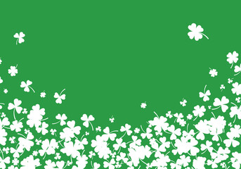 Shamrock or white clover leaves pattern background flat design vector illustration isolated on green background. St Patricks Day shamrock symbols decorative elements pattern.