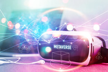 Metaverse Technology Concept, VR Virtual Reality Goggle On Colorful Background, Metaverse Visualization Simulation, 3D, AR, VR, Innovation Of Futuristic.