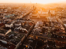 Sunrise View On Cracow Main Square And Streets. Cracow, Lesser Poland Province. St. Mary's Basilica, Rynek Glowny, Wawel Castle
