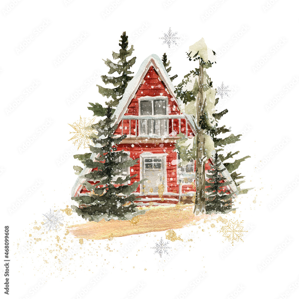 Watercolor winter landscape. Hand painted christmas forest with cozy ...