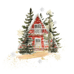 watercolor winter landscape. hand painted christmas forest with cozy red house, fir tree, snow, snow