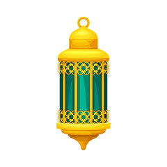 Wall Mural - Arabic ancient golden lamp. Ramadan Kareem lantern, traditional muslim symbol vector illustration