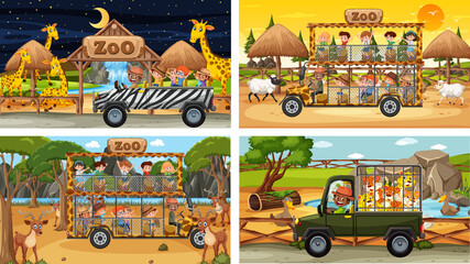 Wall Mural - Set of different safari scenes with animals and kids cartoon character