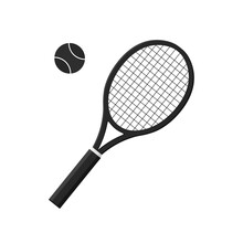 Tennis Racket With Ball. Icon Of Racquet For Court. Logo Of Tennis Rocket And Ball Isolated On White Background. Sport Equipment For Game, Match, Competition. Silhouette For Club Of Badminton. Vector