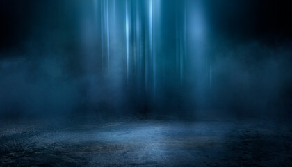 Wall Mural - dark street, wet asphalt, reflections of rays in the water. abstract dark blue background, smoke, sm