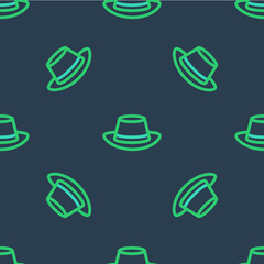 Poster - Line Oktoberfest hat icon isolated seamless pattern on blue background. Hunter hat with feather. German hat. Vector