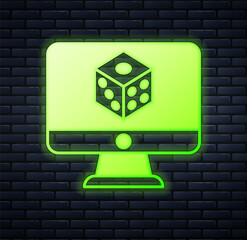 Glowing neon Game dice icon isolated on brick wall background. Casino gambling. Vector