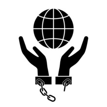 Icon of hands in broken handcuffs holding globe. Symbol of freedom and free world. Vector Illustration