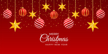 Merry Christmas Banner With Red Ball And Golden Stars With Christmas Ornamects Red Background