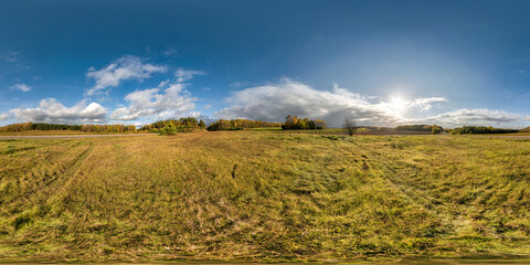 Wall Mural - hdri panorama 360 view among farming fields with sunset clouds in equirectangular spherical projection, ready for VR AR virtual reality content