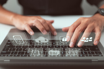 Leinwandbilder - Businessman utilizing a computer to document management idea, online documentation database and digital file storage, records management, database technology, file access, and doc sharing.