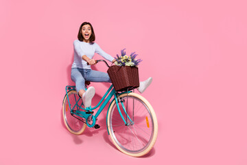 Sticker - Photo of charming carefree young woman wear white sweater driving bike rising legs empty space smiling isolated pink color background