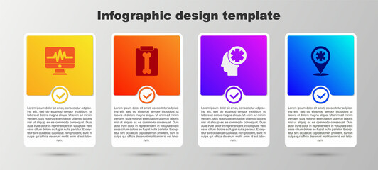 Sticker - Set Monitor with cardiogram, X-ray shots, Male head hospital and Map pointer cross. Business infographic template. Vector