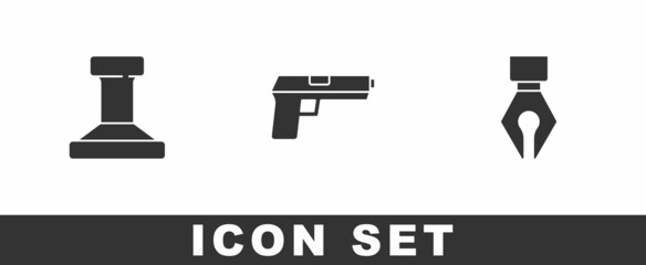 Sticker - Set Stamp, Pistol or gun and Fountain pen nib icon. Vector