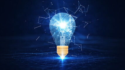 Fototapete - Creativity and new ideas. There is a light bulb in the middle. Interconnected polygons around an electric bulb. dark blue background.