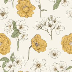 Wall Mural - Seamless pattern with white and yellow flowers