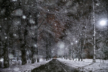 Wall Mural - abstract blurred background, landscape christmas snow city street falling snowflakes, holidays winter