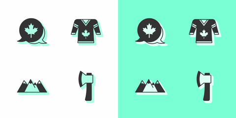 Poster - Set Wooden axe, Canadian maple leaf, Mountains and Hockey jersey icon. Vector