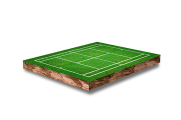 Wall Mural - Soil cubic cross section with grass tennis court field isolated on white background. 3D rendering.