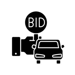 Sticker - Vehicle auction black glyph icon. Bidding paddle. Automobile selling. Auto bargaining winner. Highest offer wins. Public sales. Silhouette symbol on white space. Vector isolated illustration