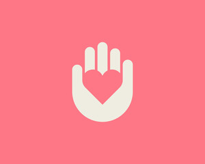 Wall Mural - abstract heart in the hand palm logo design. universal minimalistic valentines day, medical, health 