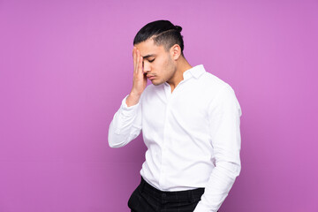 Wall Mural - Asian handsome man isolated on blue background with headache