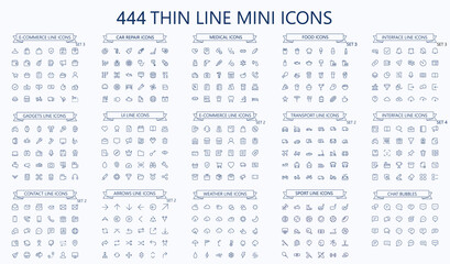 Wall Mural - 444 vector thin line mini icons set. thin line simple outline icons, 24x24px grid. pixel perfect. ed