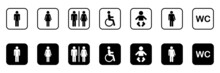 Set Of Toilet Silhouette Icon. Collection Of Symbols Restroom. Mother And Baby Room. Sign Of Washroom For Male, Female, Transgender, Disabled. WC Sign On Door For Public Toilet. Vector Illustration